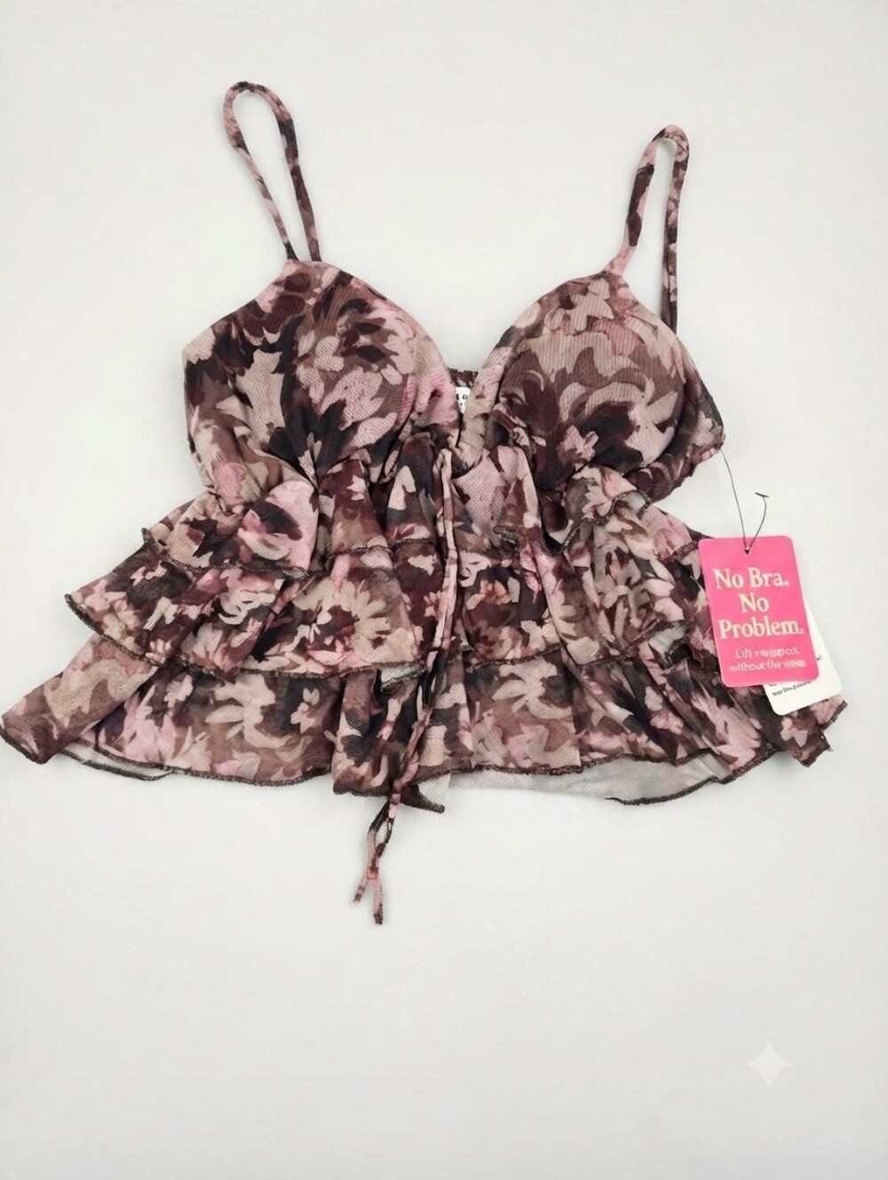 Floral Tie-Front Ruffle Cami in Pink and Brown
